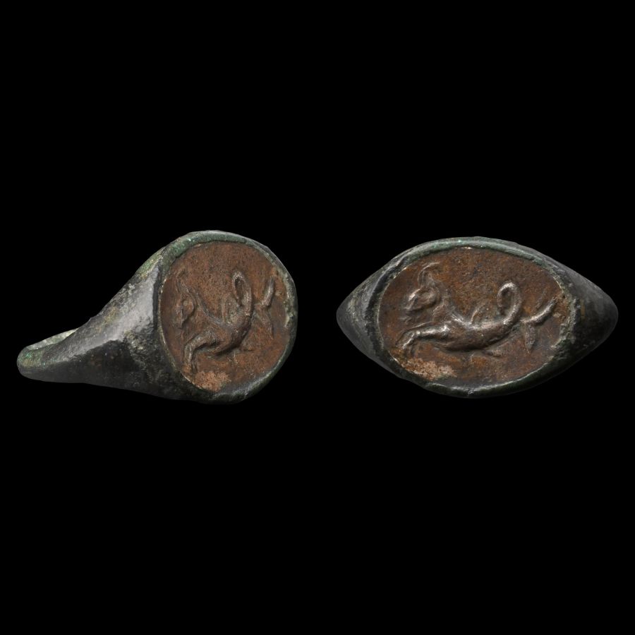Roman Bronze Ring with Silver Plaque with Hippocamp