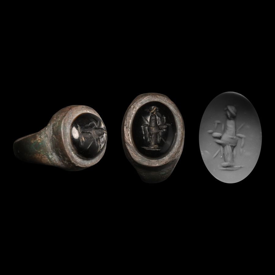 Western Asiatic Silver Ring with Robed Female Gemstone