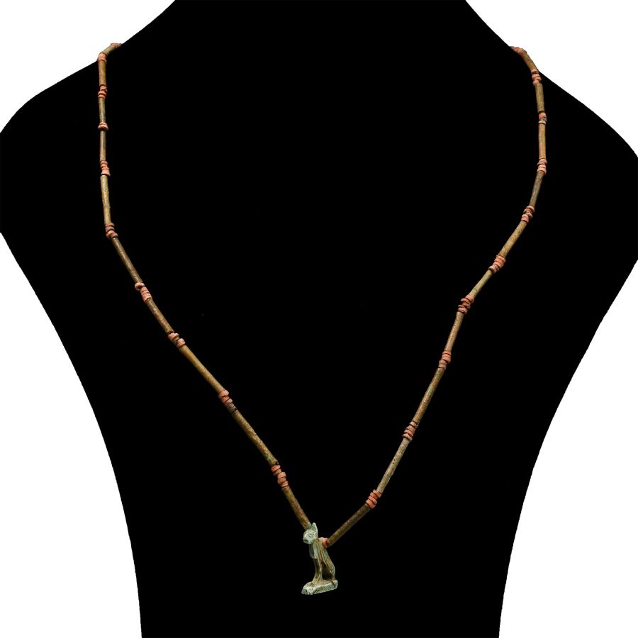 Egyptian Faience Mummy Bead Necklace with Bastet