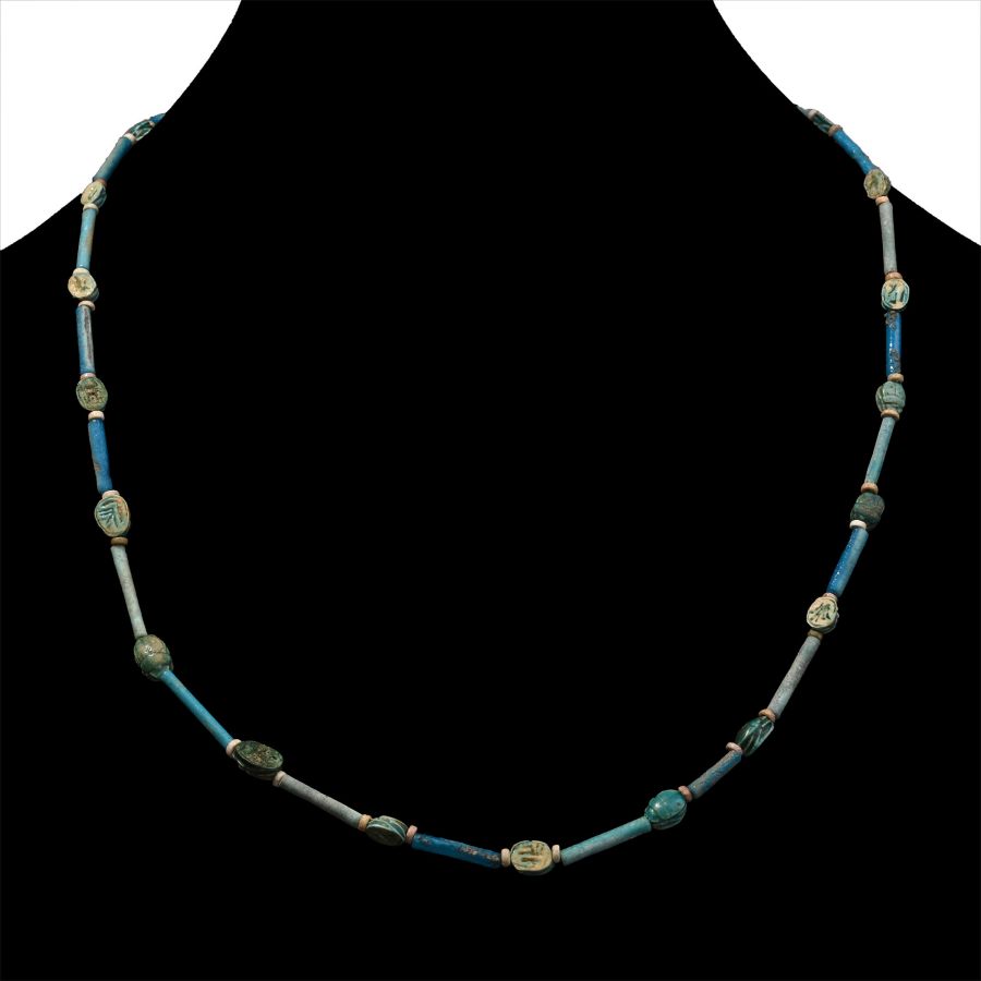Egyptian Faience Mummy Bead Necklace with Reproduction Scarabs