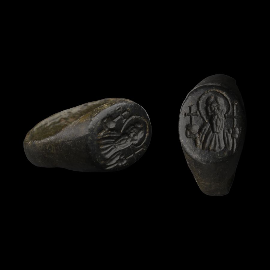 Byzantine Bronze Ring with Saint and Crosses