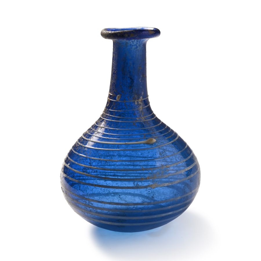Roman Cobalt Blue Glass Bottle with Trail