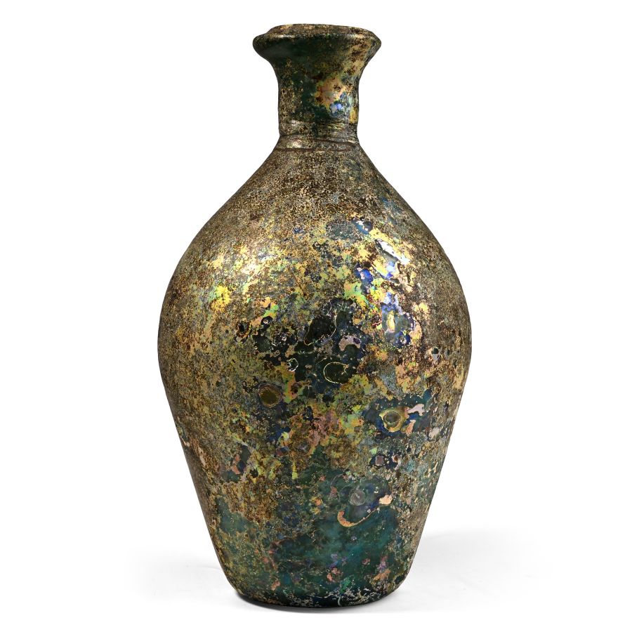 Large Eastern Roman Green Glass Bottle with Iridescence