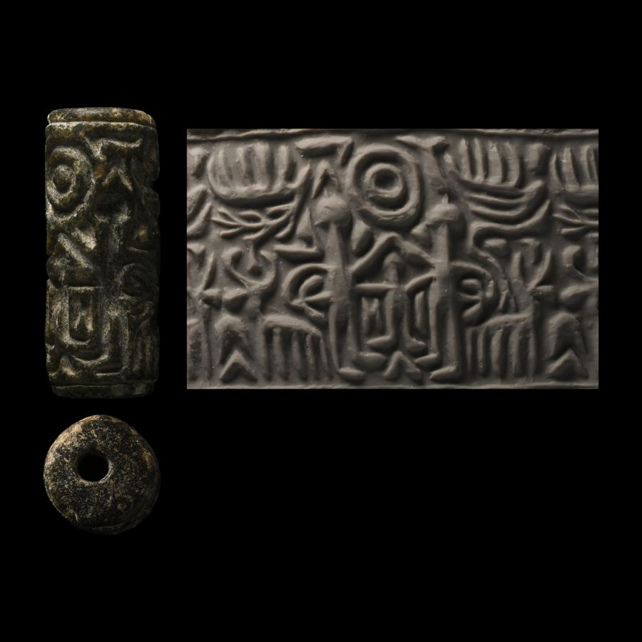 North-Syrian Green Stone Cylinder Seal with Standing Human-Like Figures
