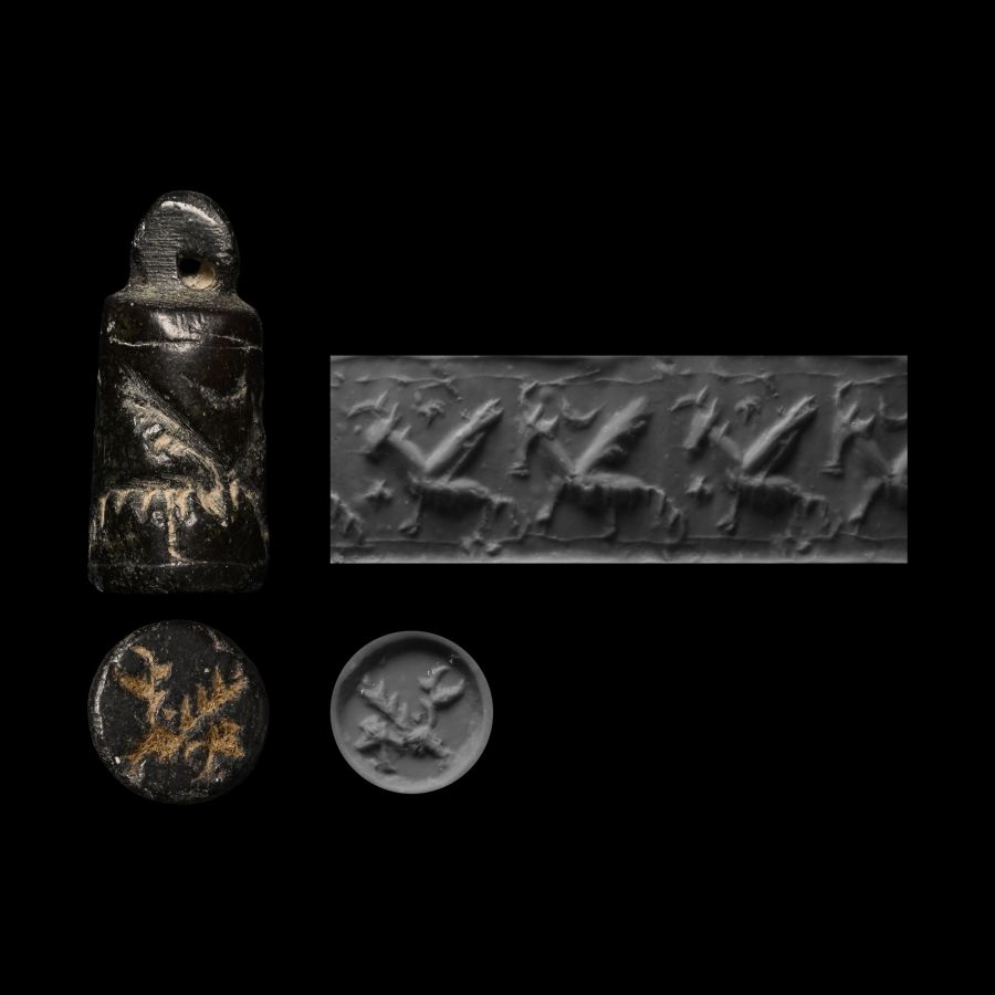 Urartu Black Stone Stamp-Cylinder Seal with Winged Quadruped