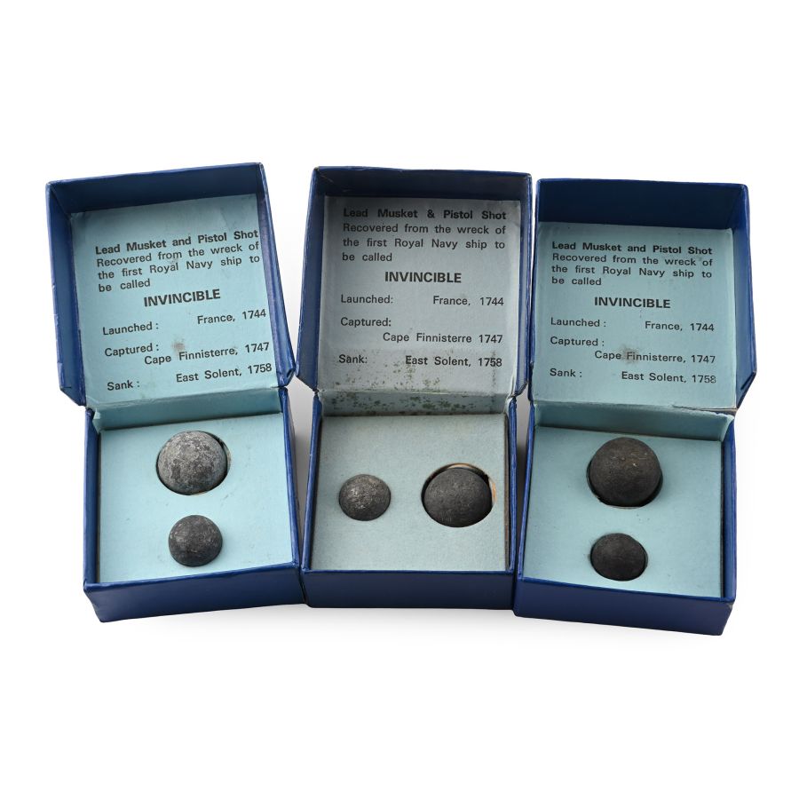 The Royal Navy's First Invincible Shipwreck Musket and Pistol Shot Presentation Box Group