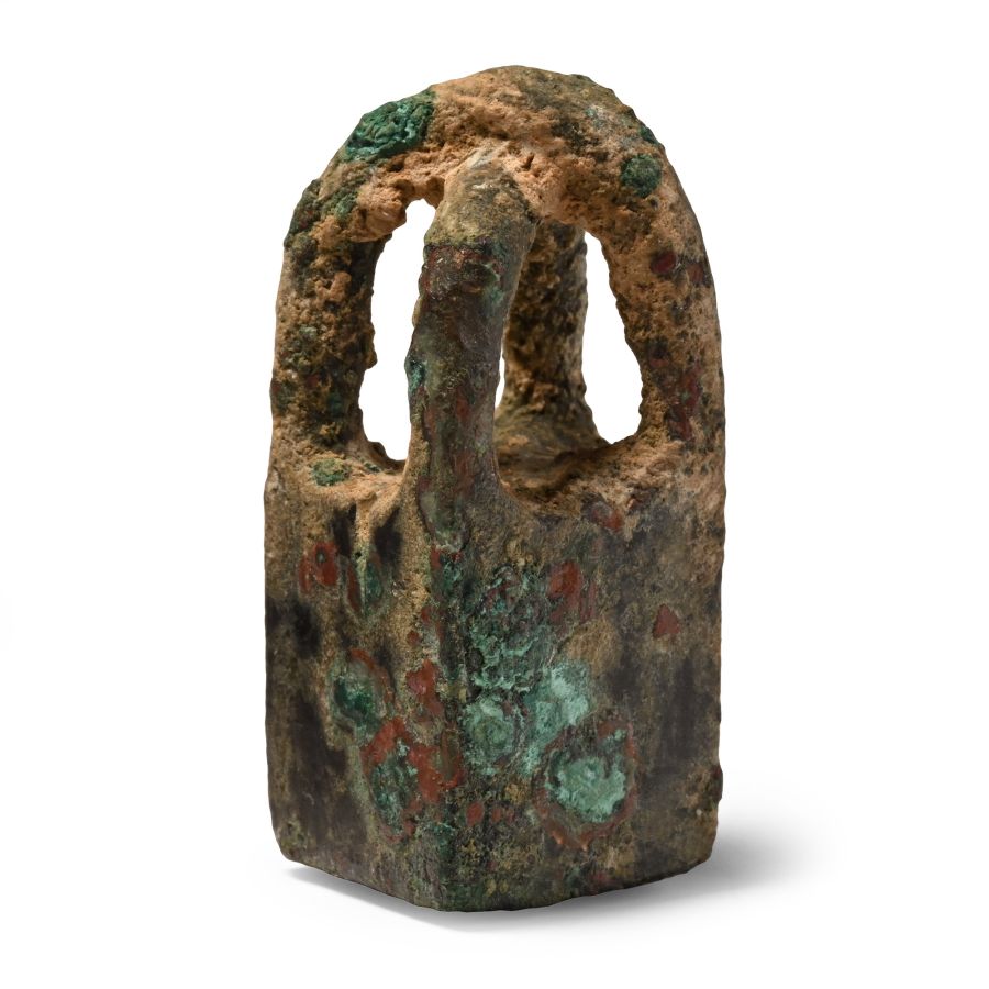 Western Asiatic Bronze Cage Weight with Seated Figure