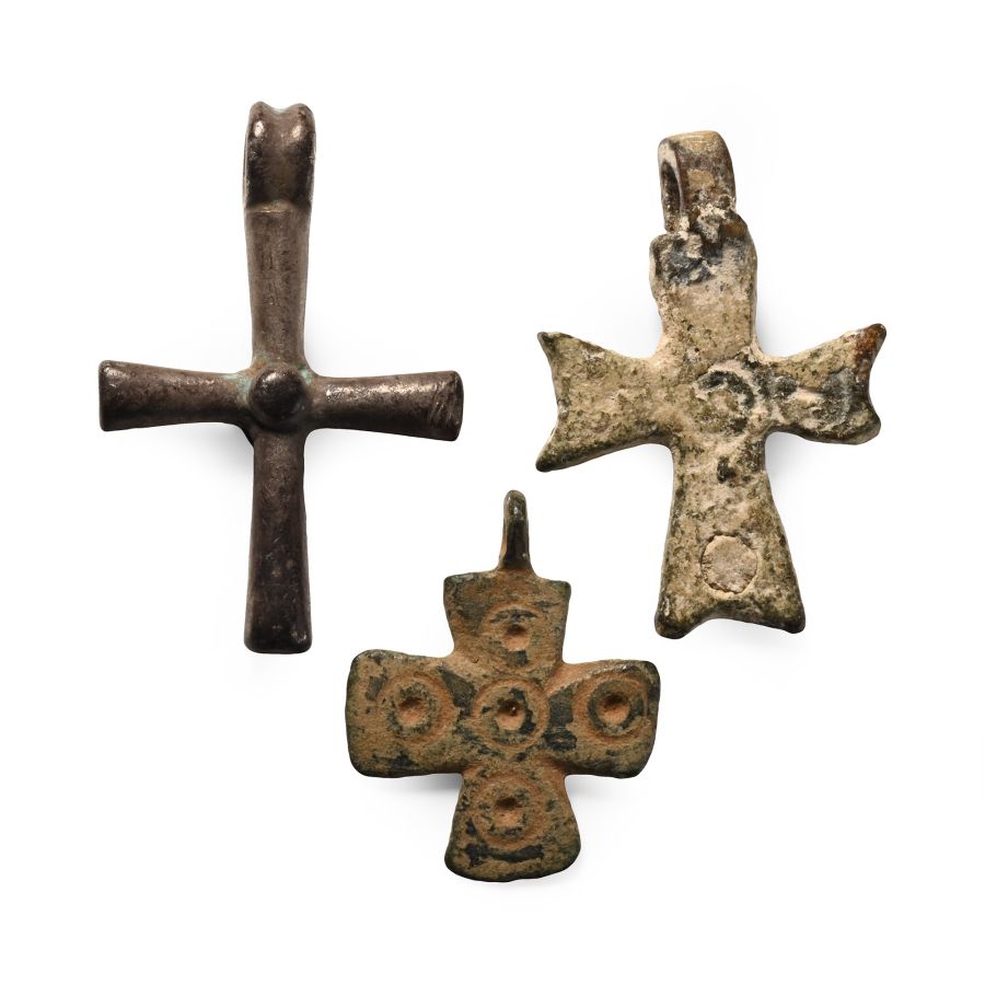 Byzantine Bronze and Silver Cross Pendant Group