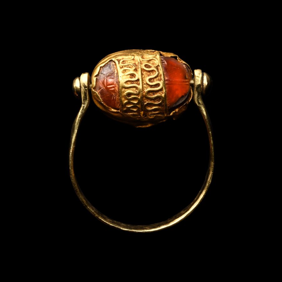 Etruscan Carnelian Scarab of a Charioteer in Gold Ring