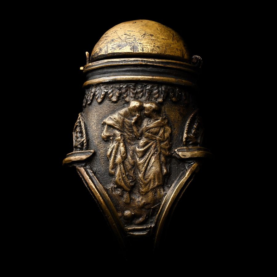 Renaissance Bronze Glove Ring with an Inkwell