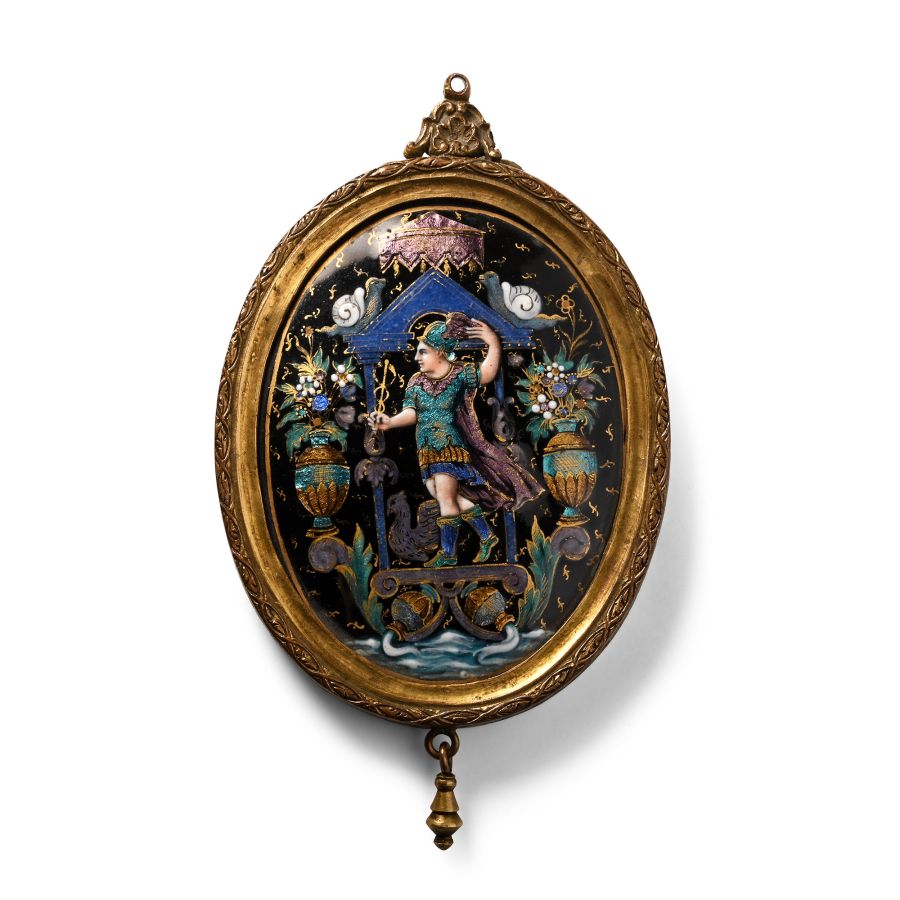 Post Medieval Gilt Enamelled Mirror Case Depicting the Roman God Mercury