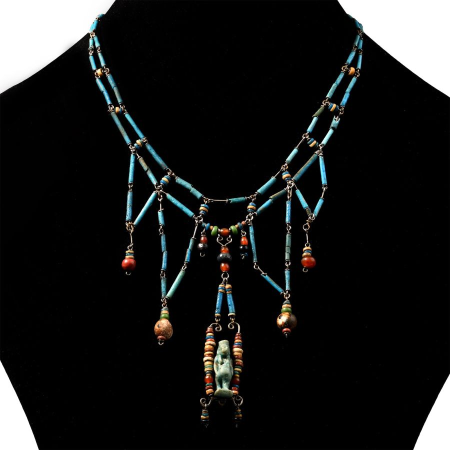 Egyptian Blue Faience Bead Necklace with Taweret
