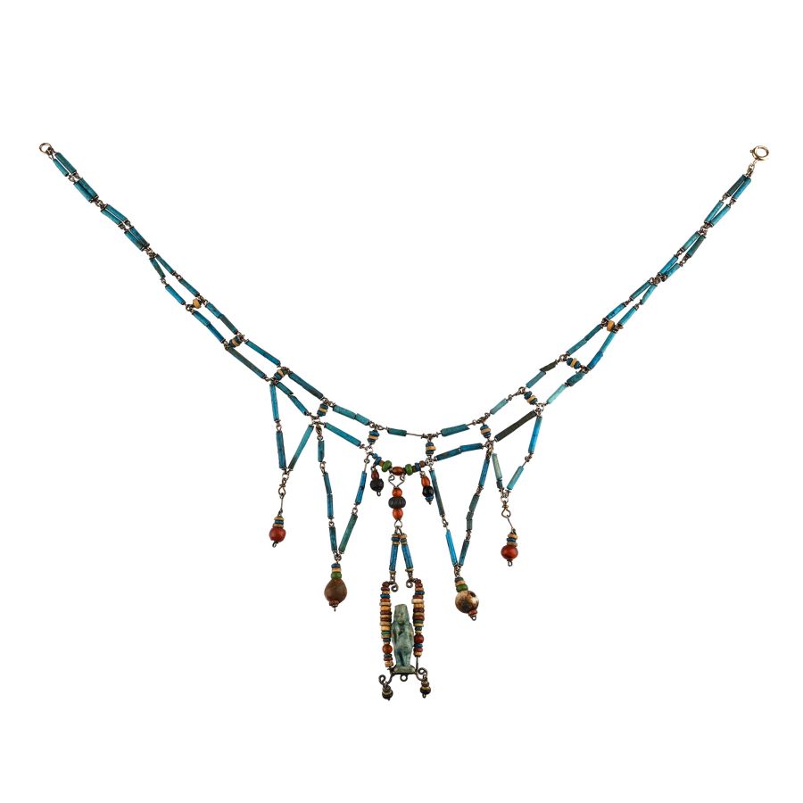 Egyptian Blue Faience Bead Necklace with Taweret