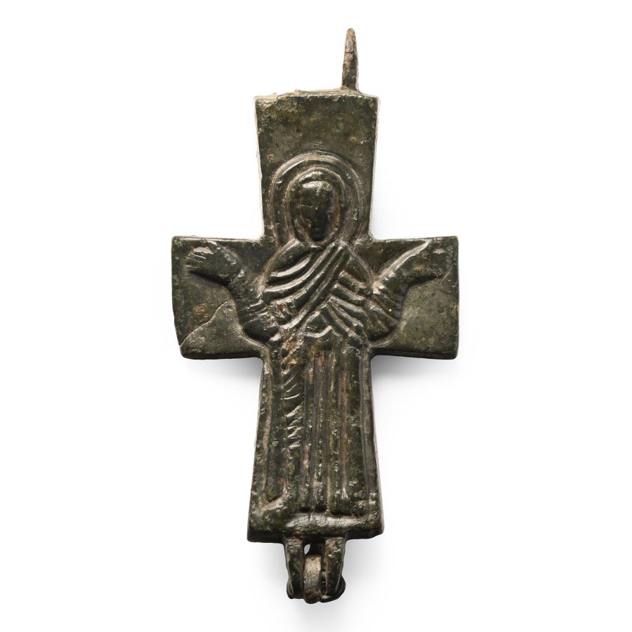 Byzantine Bronze Reliquary Cross Pendant Plate