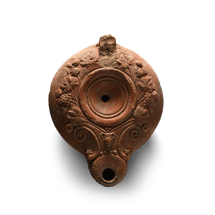 Roman Terracotta Oil Lamp with Grape Vines