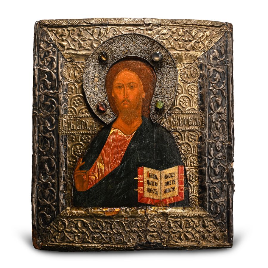 Painted Wooden Icon with Christ Pantocrator with Silver Basma