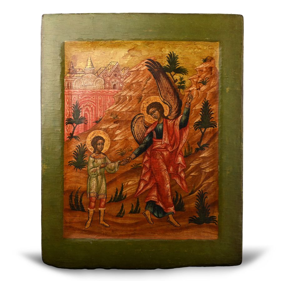 Painted Wooden Icon with Tobias and the Angel