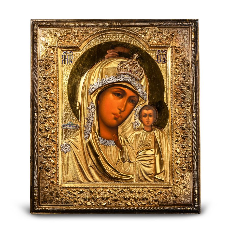 Russian Wooden Icon of the Virgin of Kazan with Silver-Gilt Riza