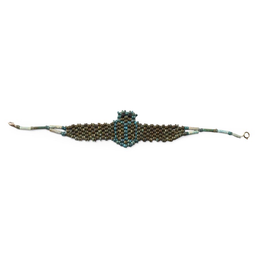 Egyptian Faience Mummy Bead Bracelet with Winged Scarab