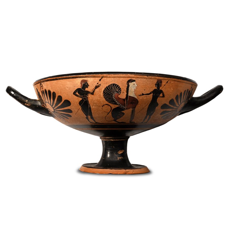 Greek Black-Figure Kylix with Warriors and Sphinxes