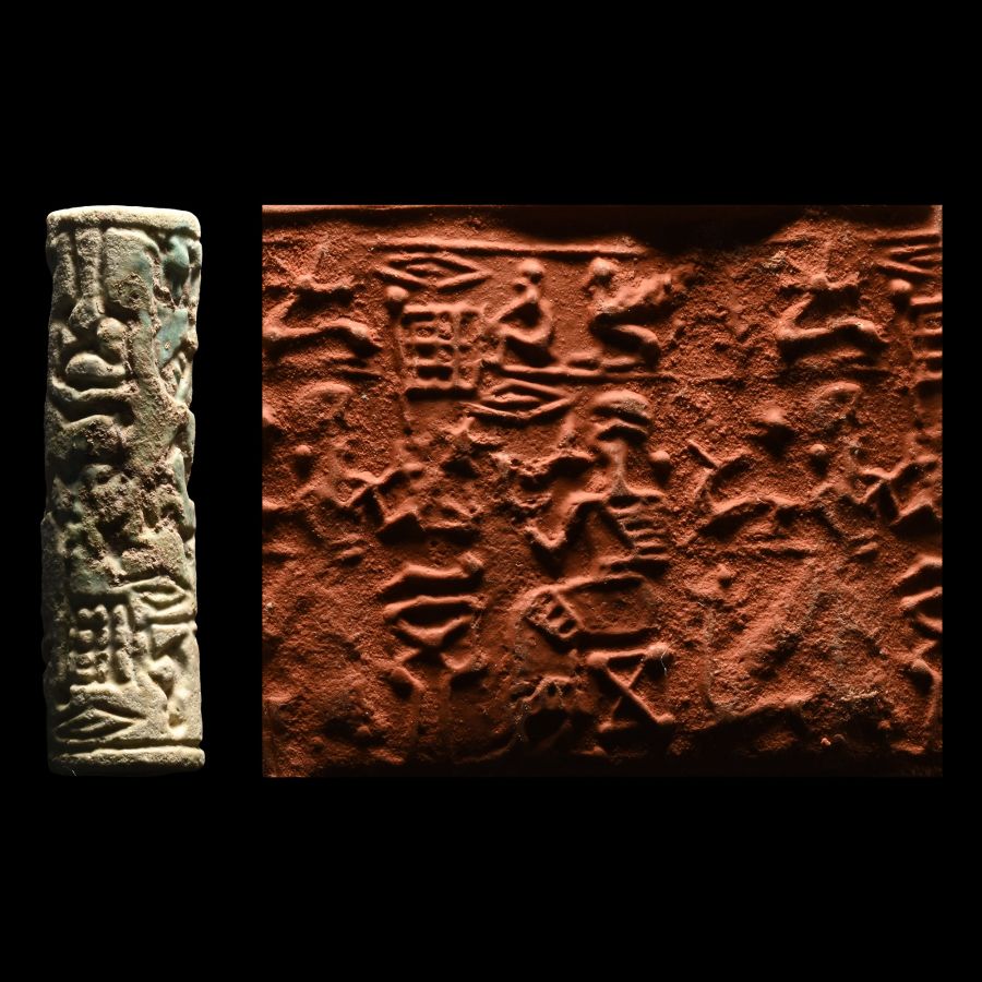Middle Elamite Glazed Faience Cylinder Seal with Feasting Scene