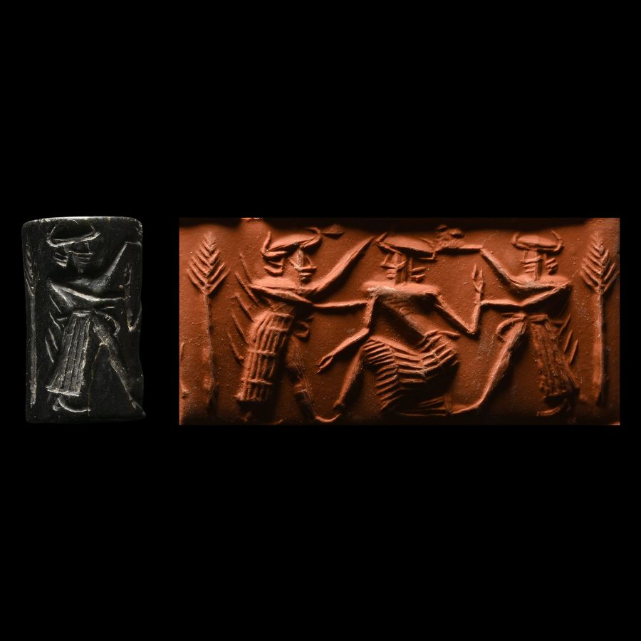 Akkadian Black Stone Cylinder Seal with Combat Scene