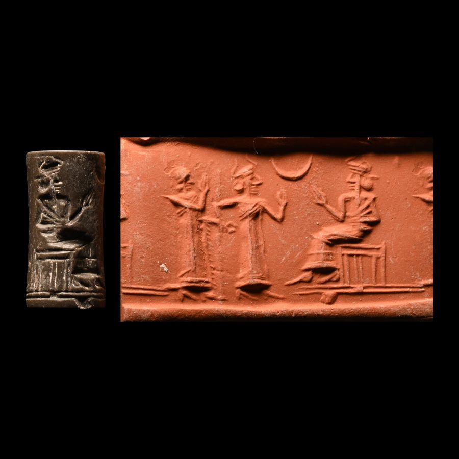 Third Dynasty of Ur Brown Stone Cylinder Seal with Worship Scene