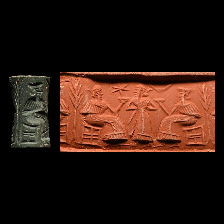 Akkadian Green Jasper Cylinder Seal with Seated Figures