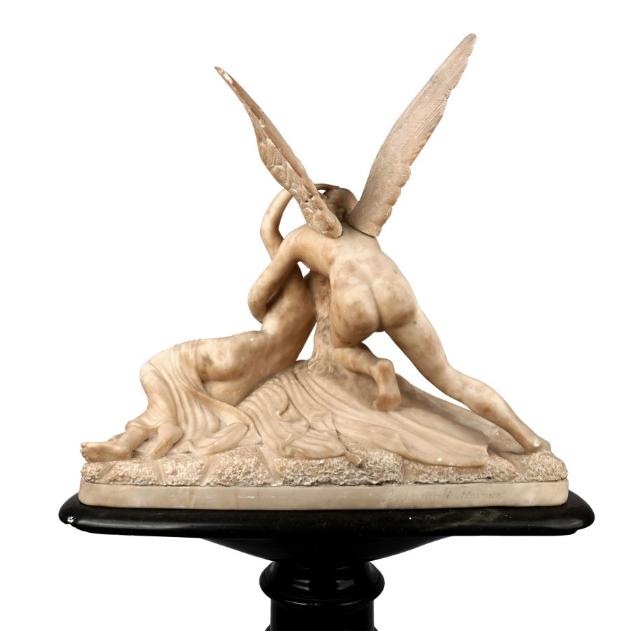 Marble Statue of Psyche and Cupid after Antonio Canova on a Marble Pedestal