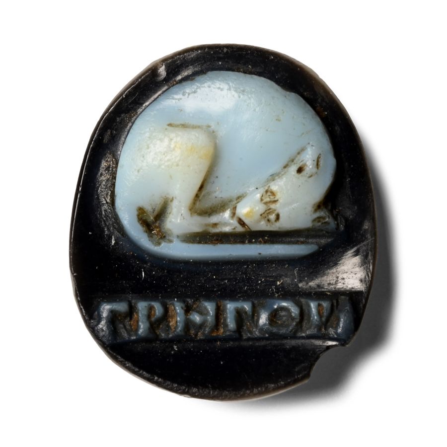 Roman Sardonyx Cameo of a Sleeping Dog with Greek Inscription