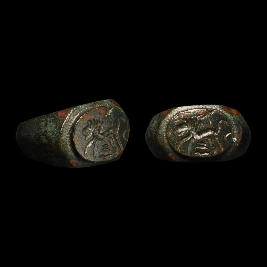 Roman Bronze Ring with Leaping Lion