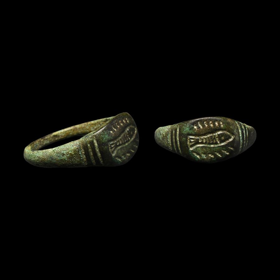 Merovingian Bronze Ring with Early Christian Fish Symbol
