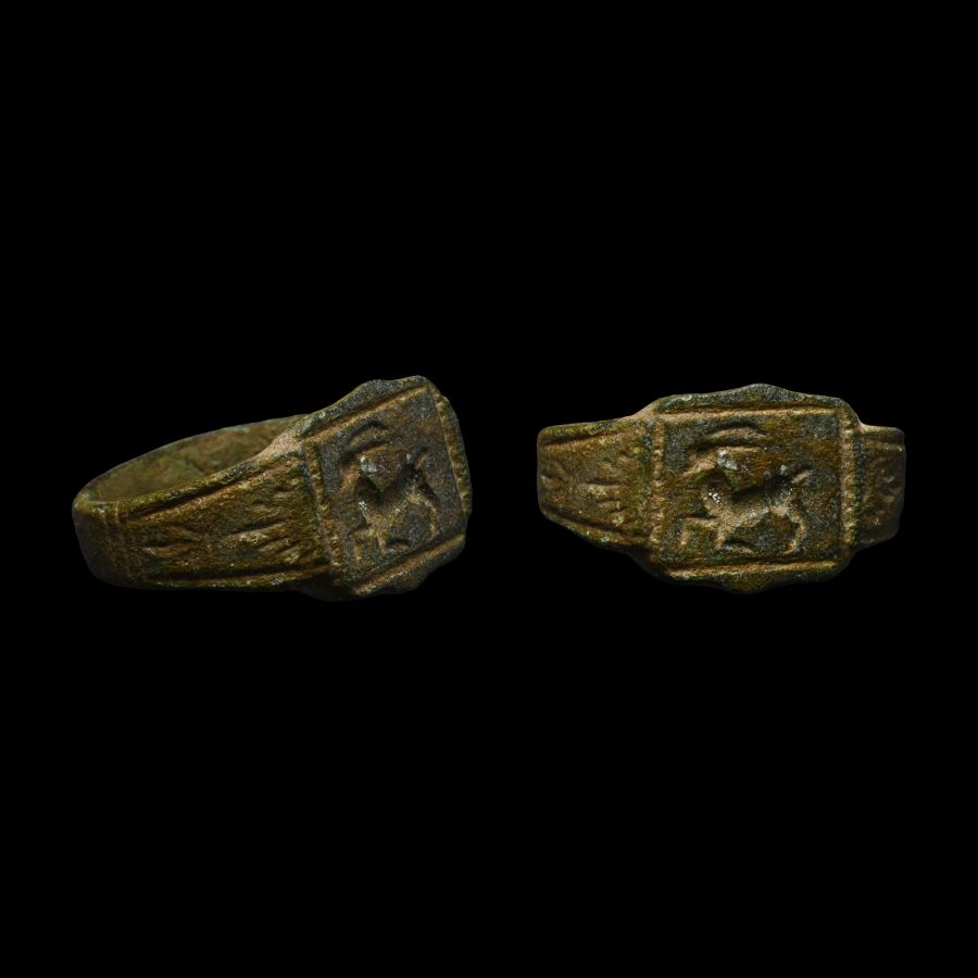 Medieval Signet Bronze Ring with Galloping Antelope