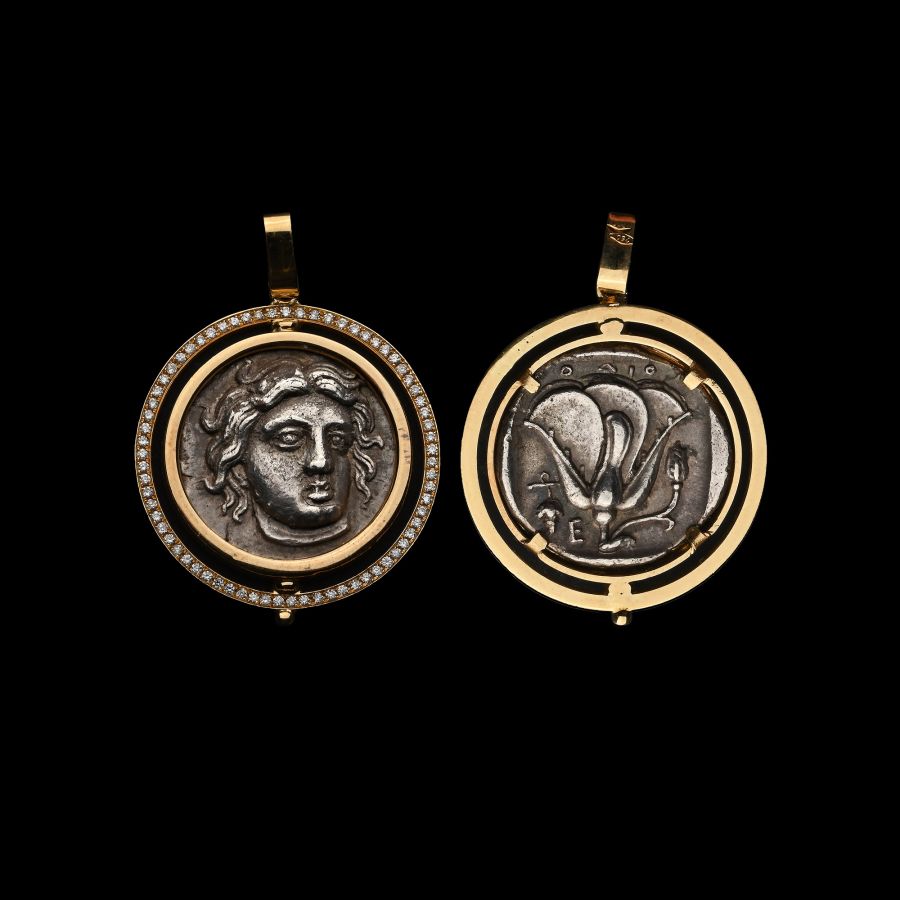 Greek Silver Didrachm of Rhodes in Gold Pendant