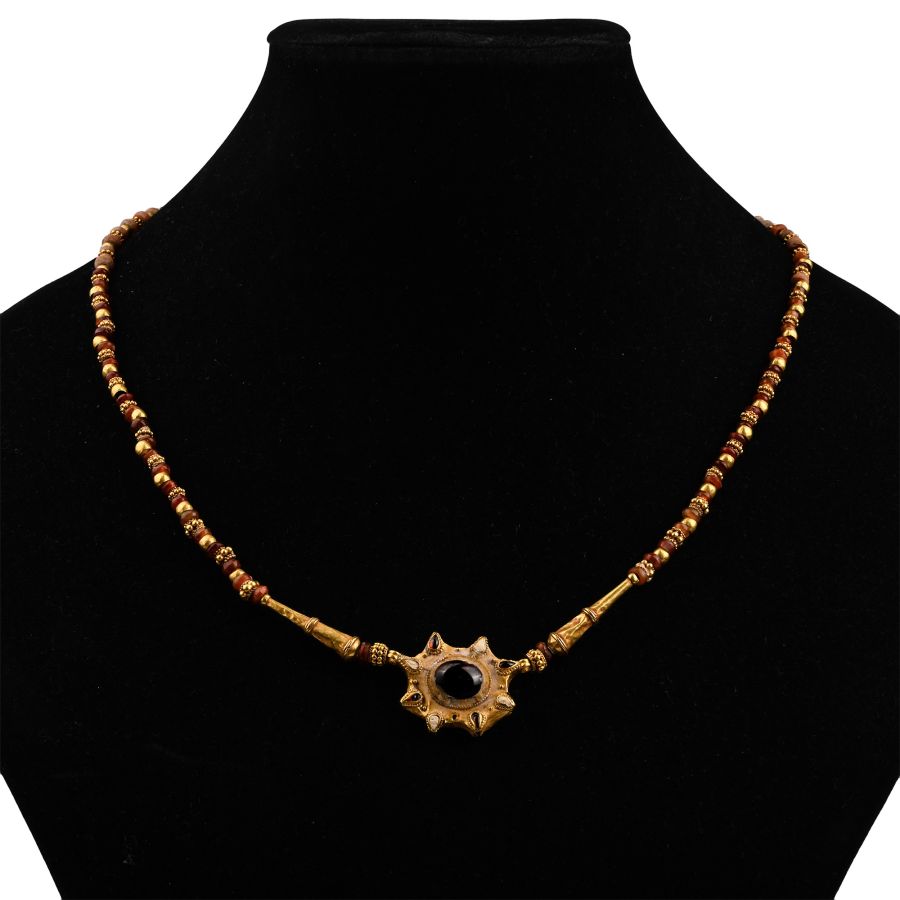 Greek Gold and Carnelian Necklace with Garnet-Set Pendant