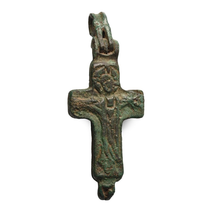 Reliquary Bronze Cross Pendant with Dark Age Inscription to Reverse