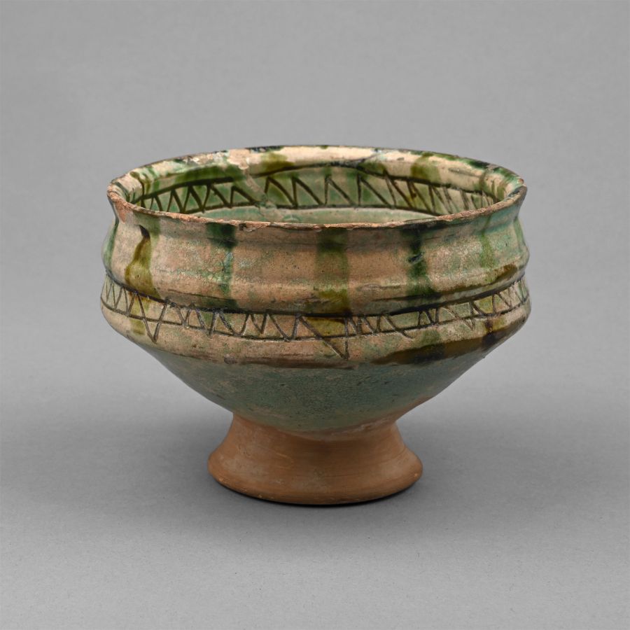 Byzantine Green Glazed Sgraffito Footed Bowl