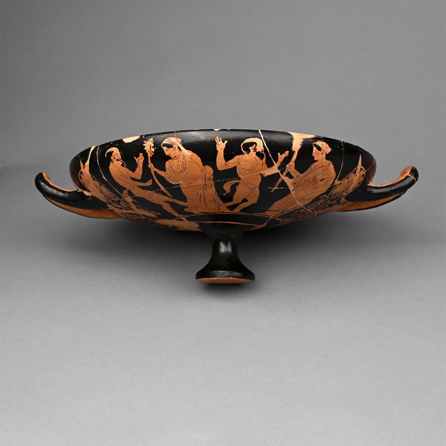 Greek Red-Figure Kylix with Dancing Nymphs and Satyrs
