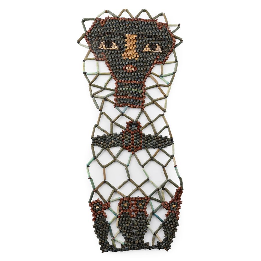 Egyptian Faience Mummy Bead Mask with Scarab and Four Sons of Horus