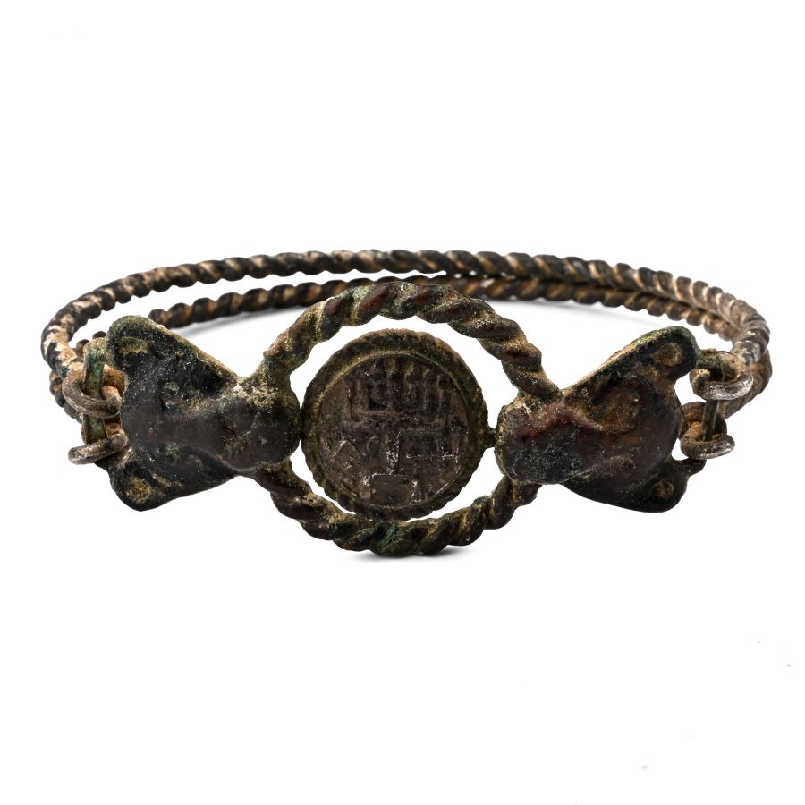 Judean Silver Bracelet with Lion-Head Terminals Holding a Menorah