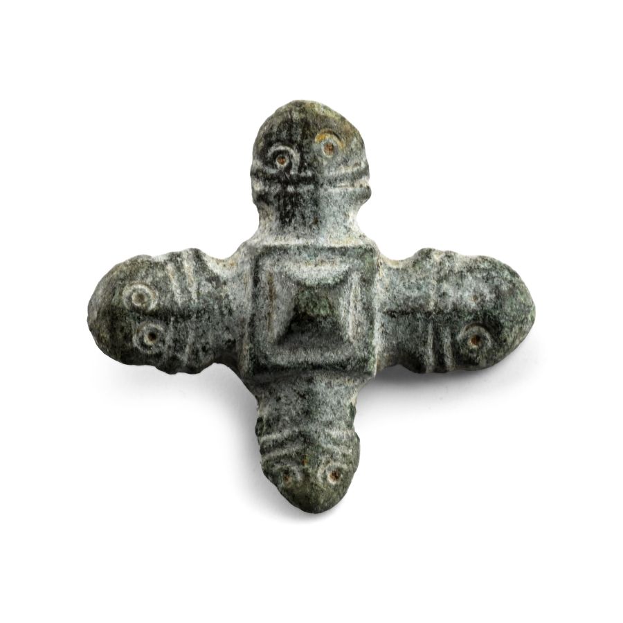 Dark Age Bronze Cruciform Human-Headed Stud Decoration