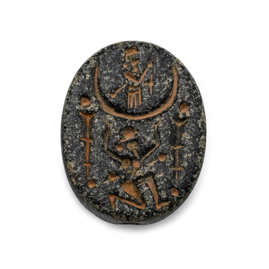Large Western Asiatic Stone Scaraboid with King and Crescent Supports