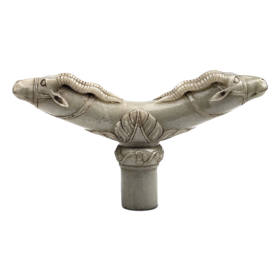Indian Carved Jade Ibex-Headed Walking Stick Handle