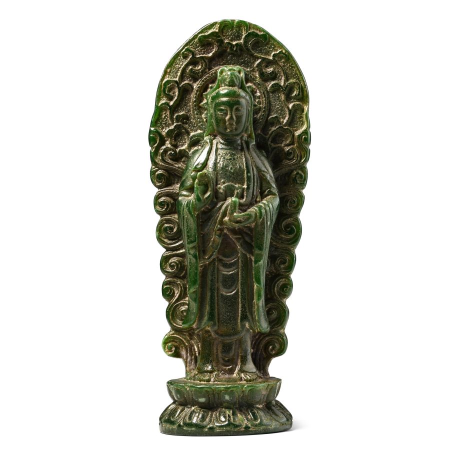 Chinese Green Glass Standing Figure of Guanyin, The Goddess of Mercy
