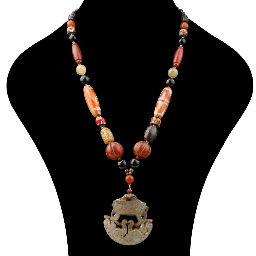 Tibetan Stone and Glass Prayer Bead Pendant Necklace