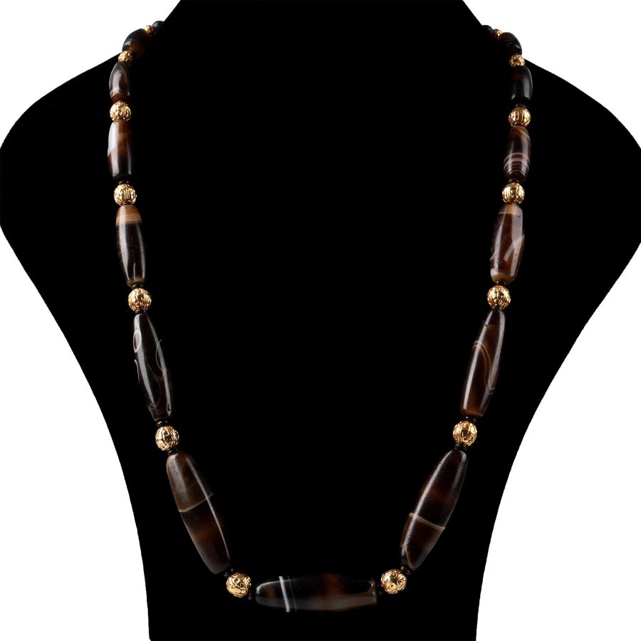 Tibetan Banded Agate and Gilt Prayer Bead Necklace