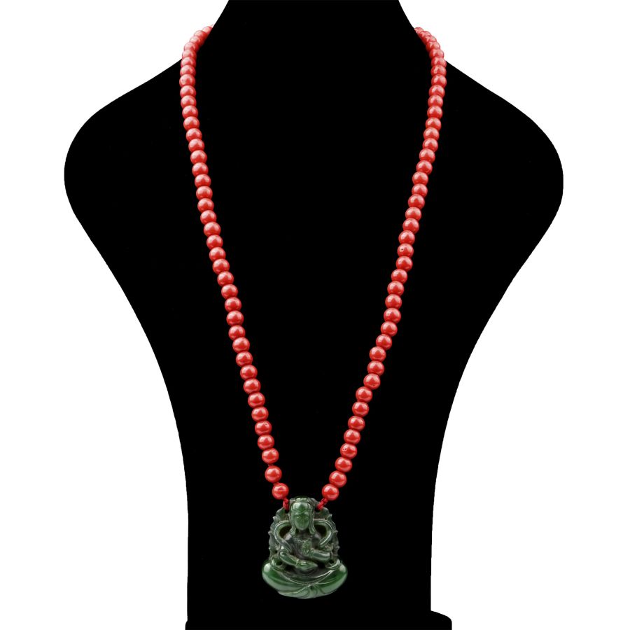 Tibetan Glass Prayer Bead Necklace with Jade Buddha Pendant