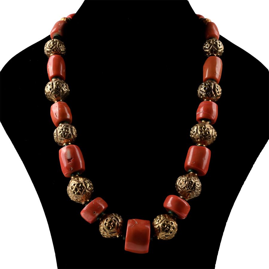 Tibetan Coral, Glass and Gilt Prayer Bead Necklace