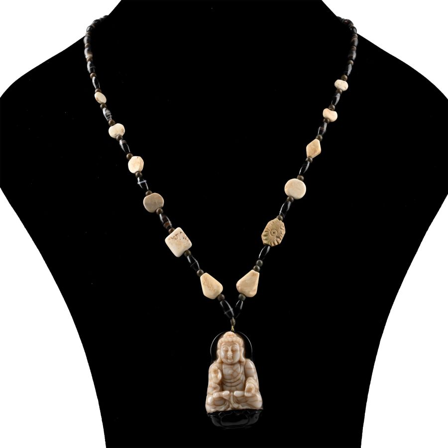 Tibetan Agate Prayer Bead Necklace with Glass Buddha Pendant