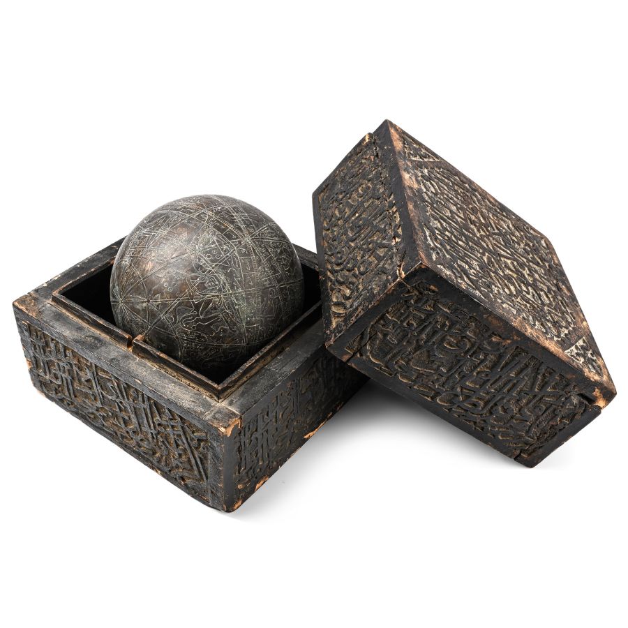 Indo-Persian Bronze Astrological Globe in Calligraphic Box